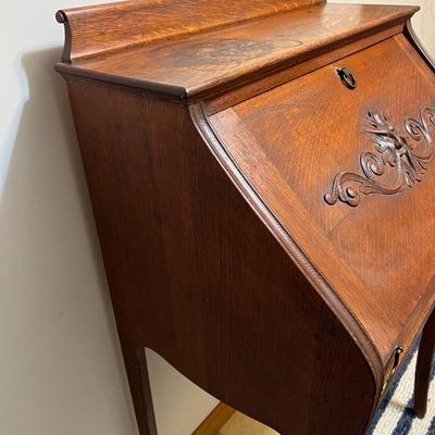 Antique Drop Slant Front Petite Secretary Desk - Ornate Lionshead Carving