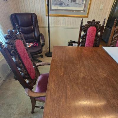 Antique Dining Table Set with Six Carved Chairs