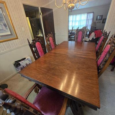 Antique Dining Table Set with Six Carved Chairs