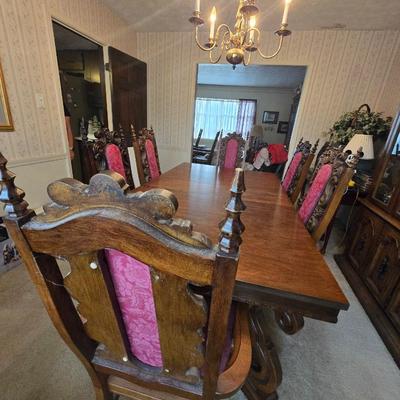Antique Dining Table Set with Six Carved Chairs