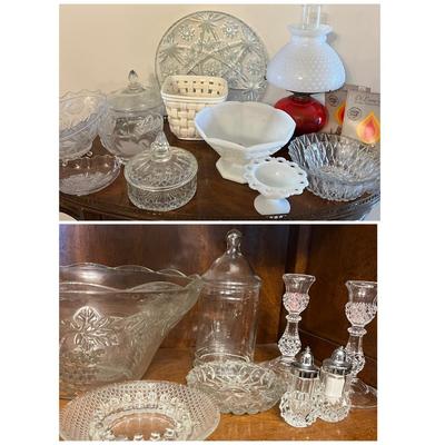 Big Decorative Glass Lot - Cut, Crystal, Oil Lamp w Milk Glass Hobnail Shade