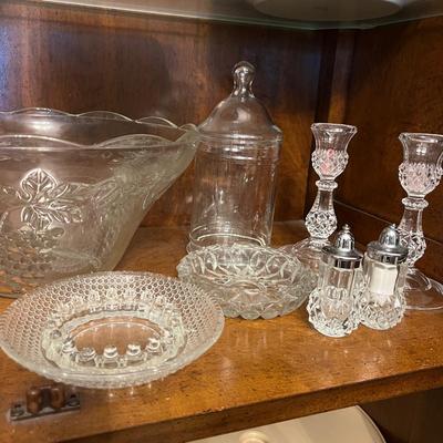 Big Decorative Glass Lot - Cut, Crystal, Oil Lamp w Milk Glass Hobnail Shade