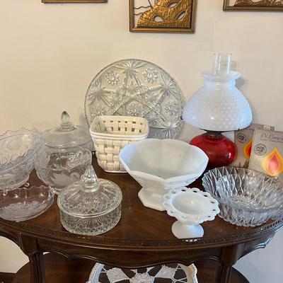 Big Decorative Glass Lot - Cut, Crystal, Oil Lamp w Milk Glass Hobnail Shade