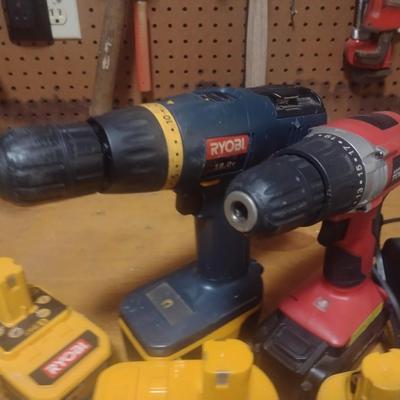 Assortment of Ryobi Power Tool Batteries, Chargers, and Drills