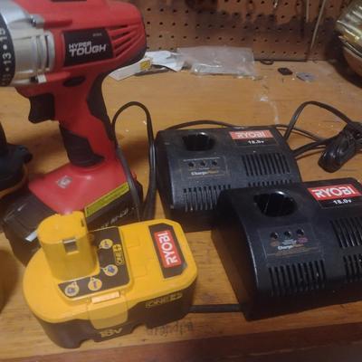 Assortment of Ryobi Power Tool Batteries, Chargers, and Drills