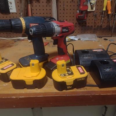 Assortment of Ryobi Power Tool Batteries, Chargers, and Drills