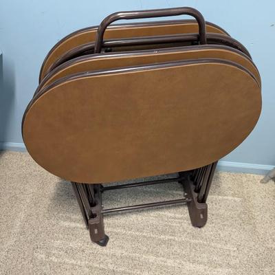 4 Cosco Brown Vinyl TV Trays Mid Century Modern Tall Metal Legs Wheeled Stand Choice 1