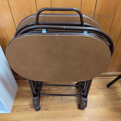 4 Cosco Brown Vinyl TV Trays Mid Century Modern Tall Metal Legs Wheeled Stand Choice 2