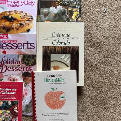 COOKBOOKS AND WOODEN RECIPE BOX