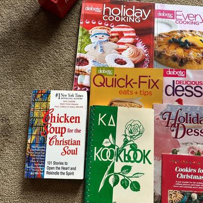 COOKBOOKS AND WOODEN RECIPE BOX