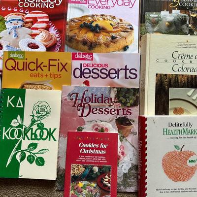 COOKBOOKS AND WOODEN RECIPE BOX