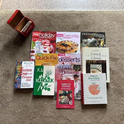 COOKBOOKS AND WOODEN RECIPE BOX