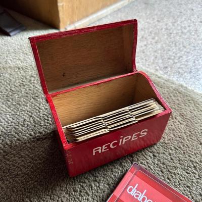 COOKBOOKS AND WOODEN RECIPE BOX