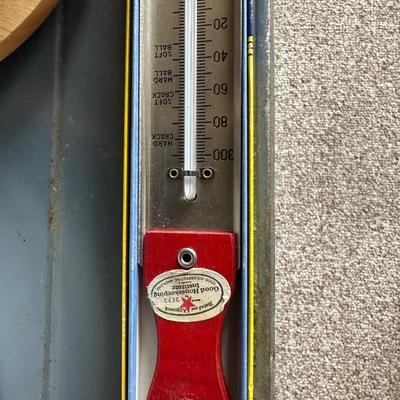 CANDY THERMOMETER, PLASTIC CONTAINERS, ROLLING PIN AND MORE