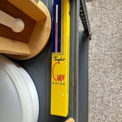 CANDY THERMOMETER, PLASTIC CONTAINERS, ROLLING PIN AND MORE