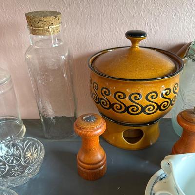 WOODEN BOWLS, CANNING JARS, CUPS WITH PLATES AND MORE