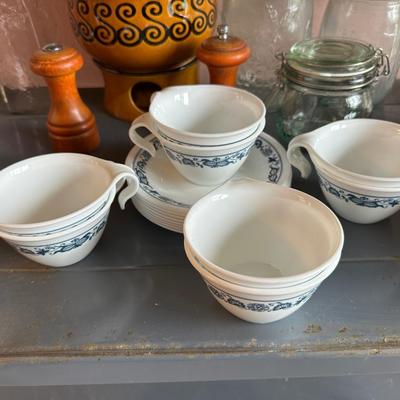 WOODEN BOWLS, CANNING JARS, CUPS WITH PLATES AND MORE