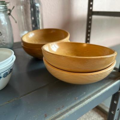 WOODEN BOWLS, CANNING JARS, CUPS WITH PLATES AND MORE
