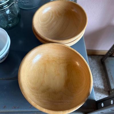 WOODEN BOWLS, CANNING JARS, CUPS WITH PLATES AND MORE