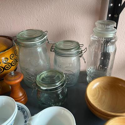 WOODEN BOWLS, CANNING JARS, CUPS WITH PLATES AND MORE