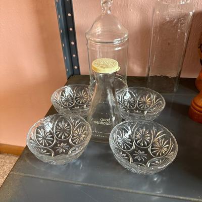 WOODEN BOWLS, CANNING JARS, CUPS WITH PLATES AND MORE