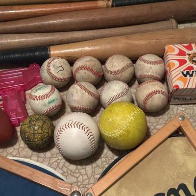 VINTAGE BASEBALL BATS, BASEBALLS, RACQUETS AND MORE