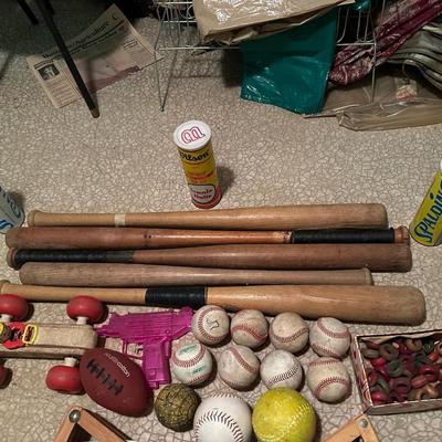 VINTAGE BASEBALL BATS, BASEBALLS, RACQUETS AND MORE