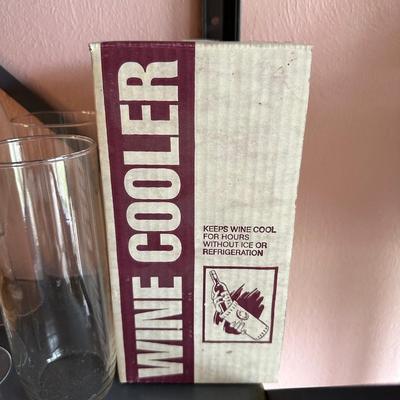 WINE GLASSES, WINE COOLER AND 6 DRINKING GLASSES