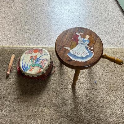 VINTAGE MILKING STOOL AND DRUM