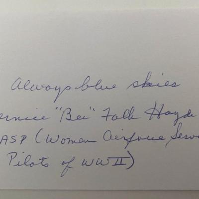 WWII Pilot (WASP) Bernice Bee Falk Haydu signed note