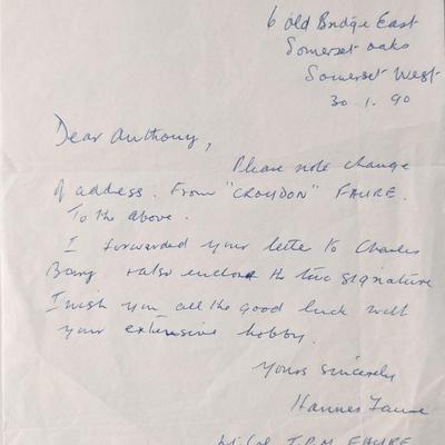 WW2 Military LT. Col. Hannes Faure signed letter