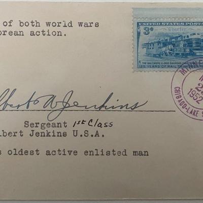 WWI, WWII and Korean War Veteran Sgt. Delbert Jenkins signed 1952 cover