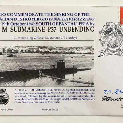 1993 Sinking Italian Ship by HM Submarine P37 Unbending Signed Navy Commemorative Cover