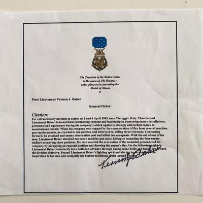 WWII First LT. Vernon J. Baker Signed Medal Of Honor Citation