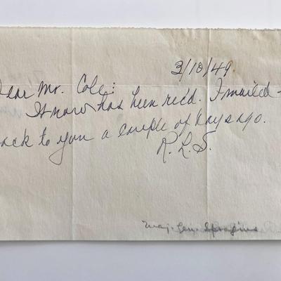 WWII Major General Robert R. Spragins Signed Hand Written Note