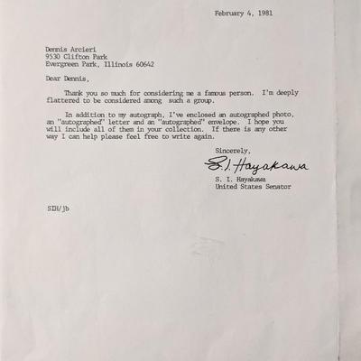 US Senator S.I. Hayakawa signed letter