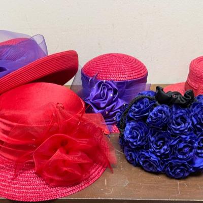 Women's Fashion Straw Hat Lot and Handbag Red Hat Society with purple