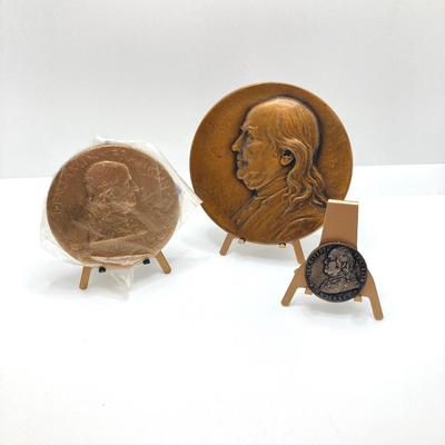 LOT 28: The Gift of Franklin Silver Medal / Coin, Benjamin Franklin Bronze Medal / Token and 200th Anniversary of The Saturday Evening...