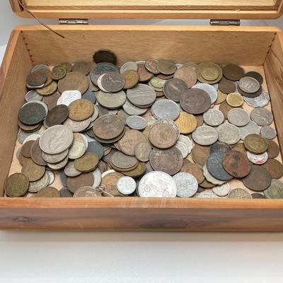 LOT 42: Vintage Cedar Box with Assorted Coins / Tokens