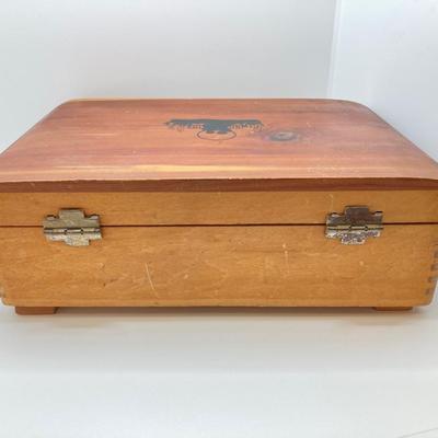 LOT 42: Vintage Cedar Box with Assorted Coins / Tokens