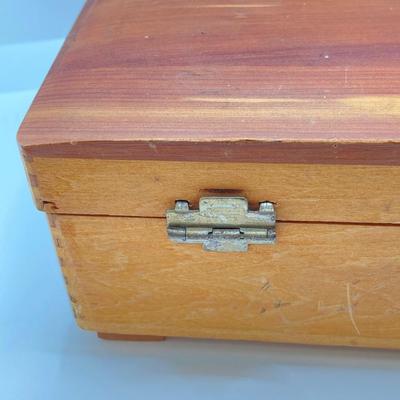 LOT 42: Vintage Cedar Box with Assorted Coins / Tokens