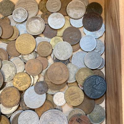 LOT 42: Vintage Cedar Box with Assorted Coins / Tokens