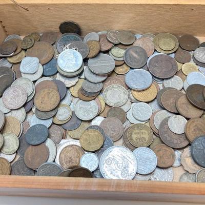 LOT 42: Vintage Cedar Box with Assorted Coins / Tokens