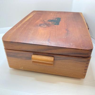 LOT 42: Vintage Cedar Box with Assorted Coins / Tokens