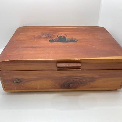 LOT 42: Vintage Cedar Box with Assorted Coins / Tokens