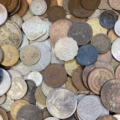 LOT 42: Vintage Cedar Box with Assorted Coins / Tokens