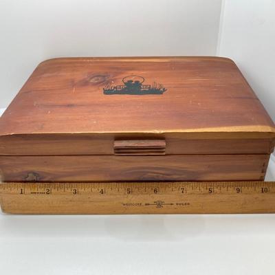 LOT 42: Vintage Cedar Box with Assorted Coins / Tokens