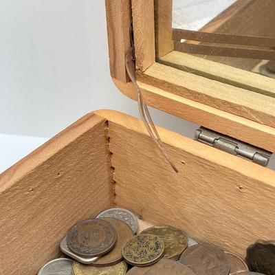 LOT 42: Vintage Cedar Box with Assorted Coins / Tokens