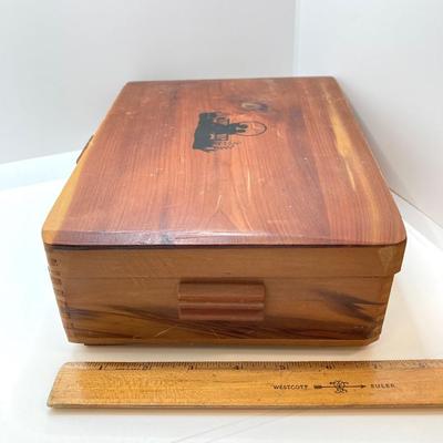 LOT 42: Vintage Cedar Box with Assorted Coins / Tokens