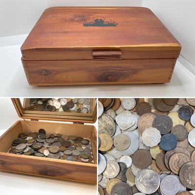 LOT 42: Vintage Cedar Box with Assorted Coins / Tokens